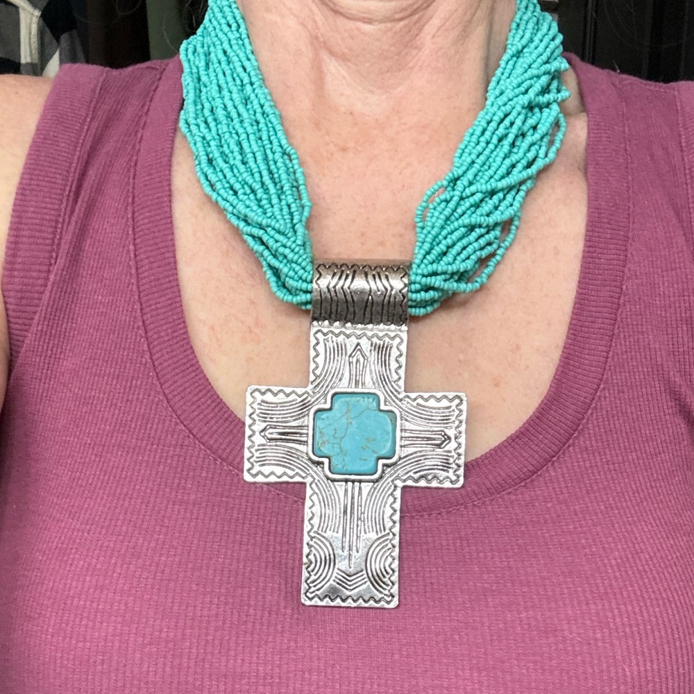 Turquoise Beaded Cross Necklace
